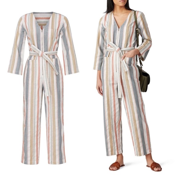 Madewell Pants - Madewell striped tie waist zip up romper size 4